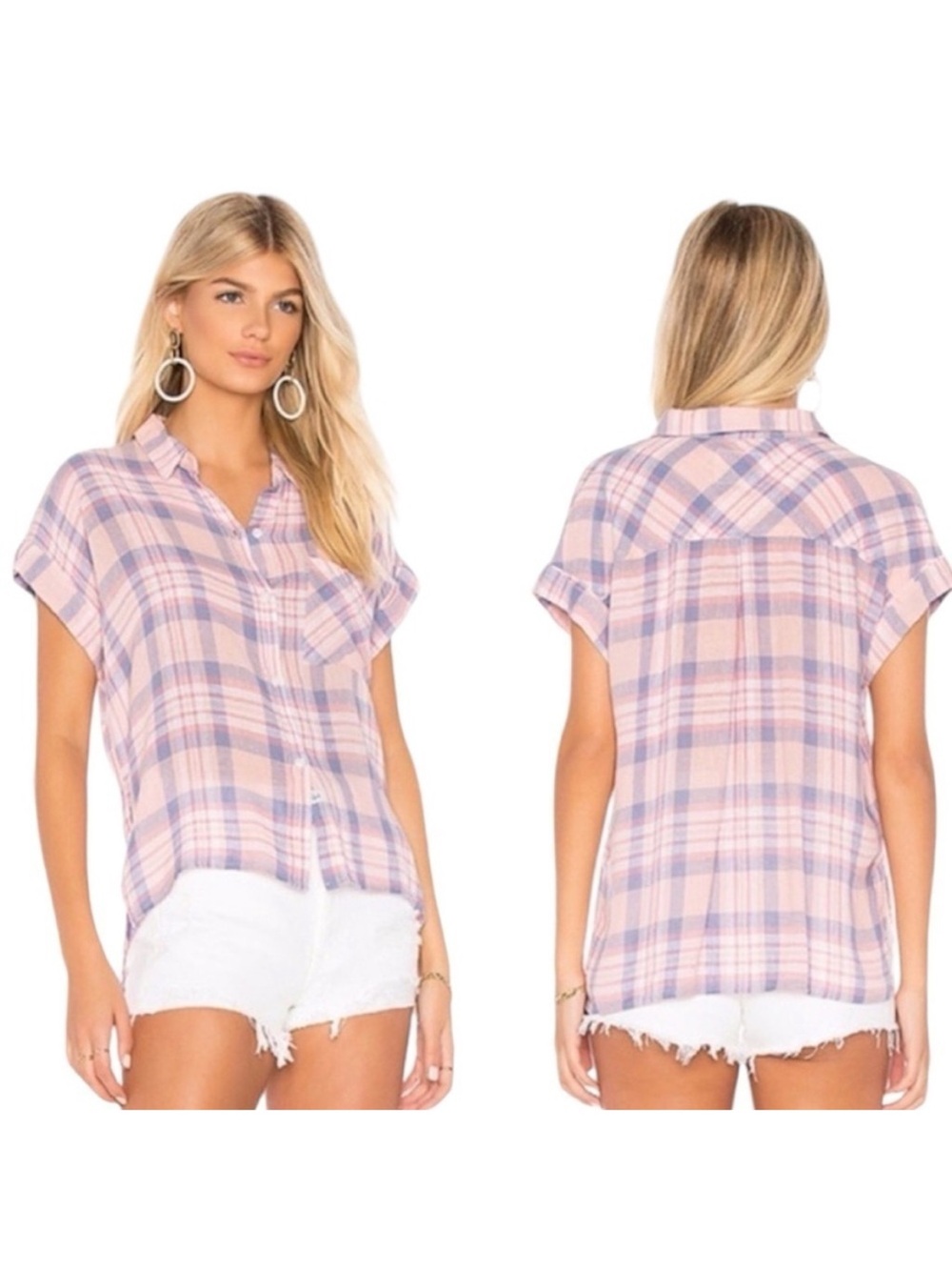 Rails Whitney Short Sleeve Button Down Shirt XS Peach Blush Blue